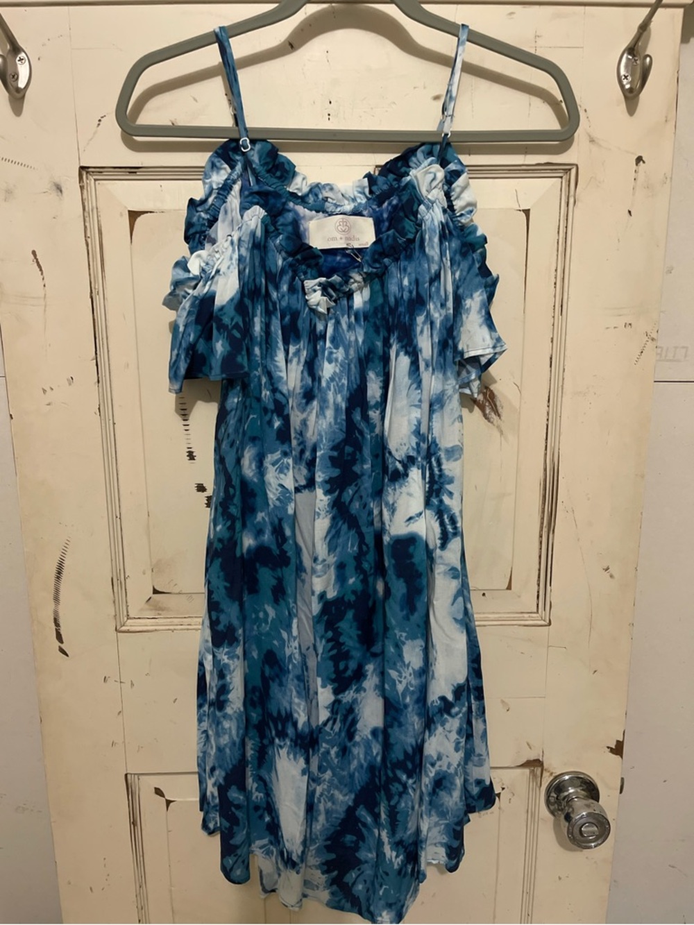 Designer Blue Tie-Dye Mini Dress with Ruffle Can Be Worn Off or On Shoulder NWT